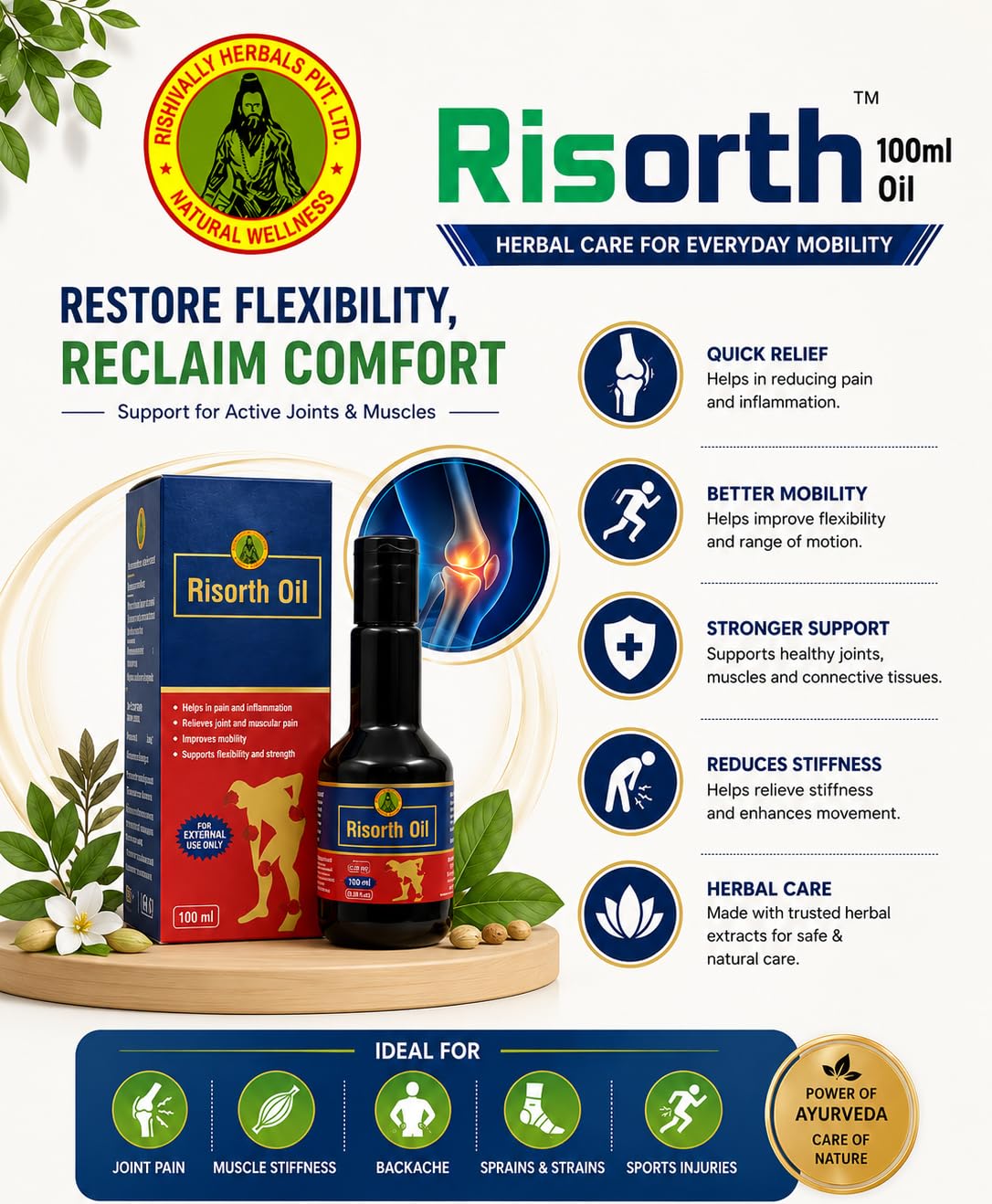 Risorth Ayurvedic Restore Flexibility of Joints with Pain Relief Or Herbal 100 ml Oils - Image 2
