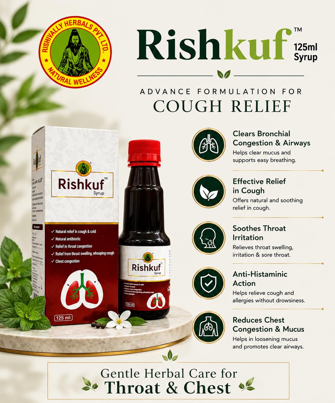 Rishkuf Ayurvedic Cough Syrup for Throat Irritation and Chest Congestion 125 ML - Image 2